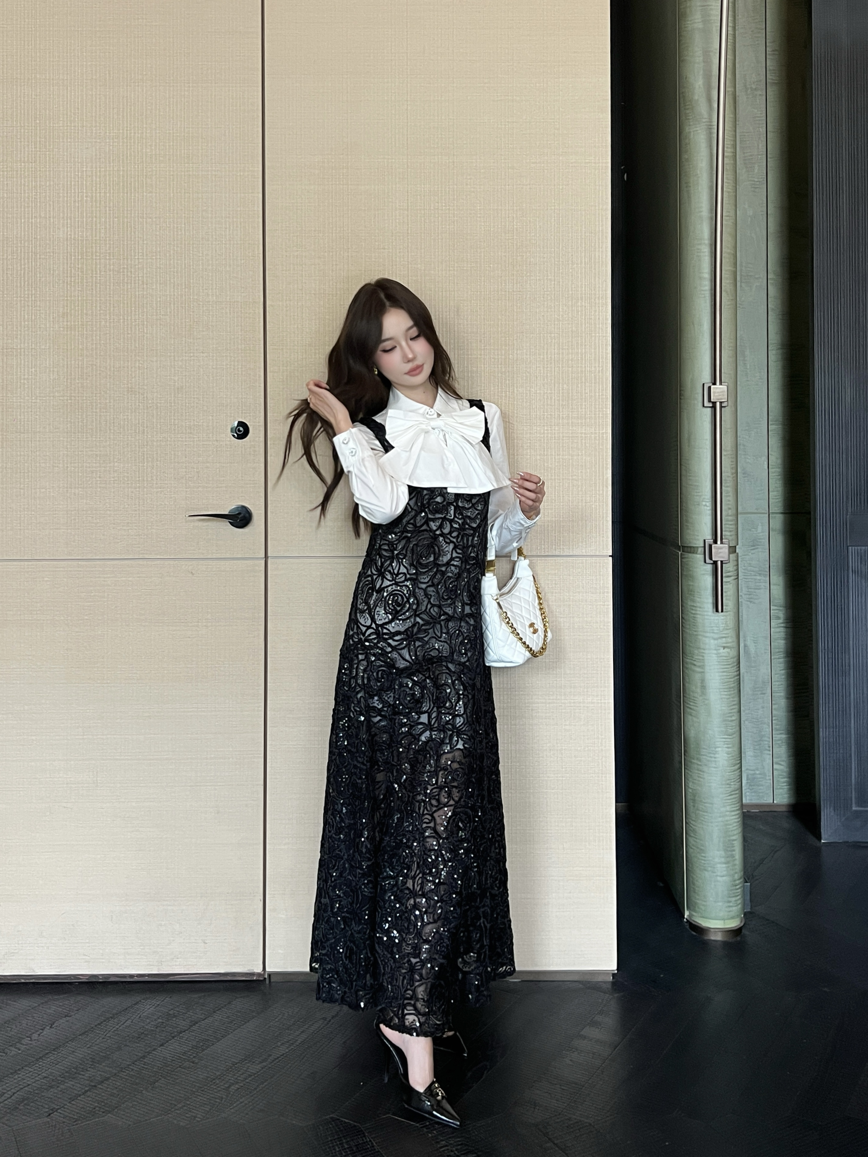 Chan 26ss ribbon shirts mesh dress set