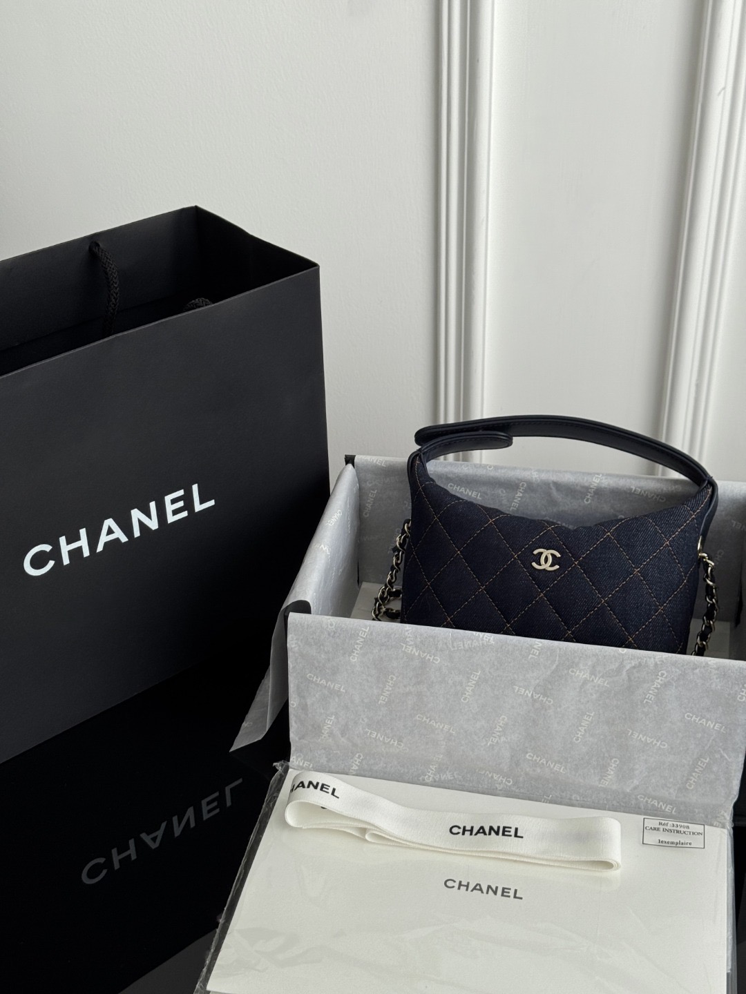 Chan 26P denim clutch with chain