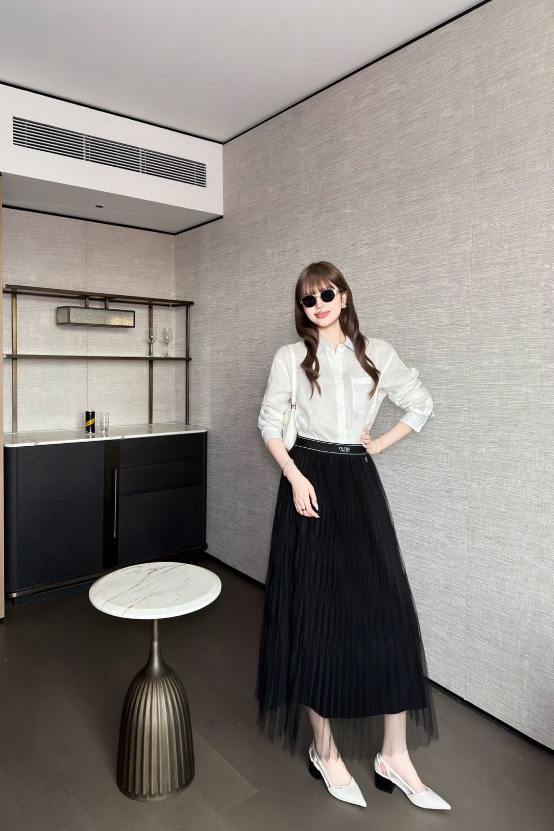 Pra 26SS Pleated Tulle Midi Skirt